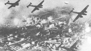 Nalot niemieckich bombowców na śpiące miasteczko  Wieluń k. Częstochowy ok. godz. 4.30. rozpoczął niemiecką agresję na Polskę 1 września 1939 roku.