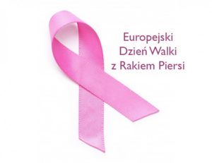 Na białym tle różowa wstążka i napis Europejski Dzień Walki z Rakiem Piersi.